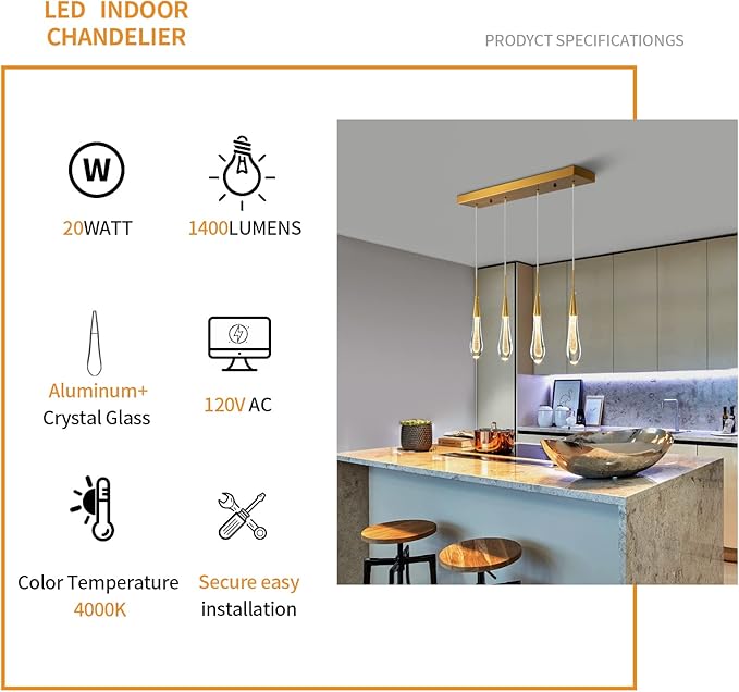 LMQNINE Kitchen Light Fixtures Ceiling Dimmable LED Modern Gold Pendant Light Mini Teardrop Crystal Pendant Light for Kitchen Island Bedroom Hallway Entryway (4-Light) (020)