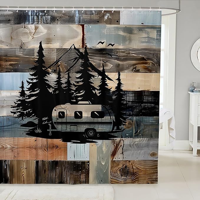 Feelyou Camper Bath Curtain Camping Bathroom Shower Curtain Set for Kids Toddler Boys Girls Happy Camping Shower Curtain Camping Car Kids Bathroom Accessories 72"x84"