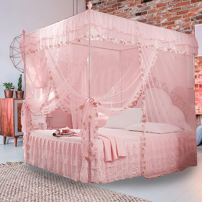 Luxury Princess 3 Side Openings Post Pink Bed Curtains,Four Corner Bedding Bed Canopy net for Bed Princess Bed Girls Room(No Bracket) (Pink)