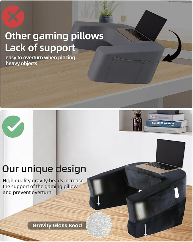 Weighted Idea Reading Pillow for Gaming, Extra Large Arm Rest Pillow for Adult，Lap Desk Pillow Gaming Pillow with 2 Side Pockets for Gaming, Reading, Working Sitting in Bed Floor Sofa (Black)