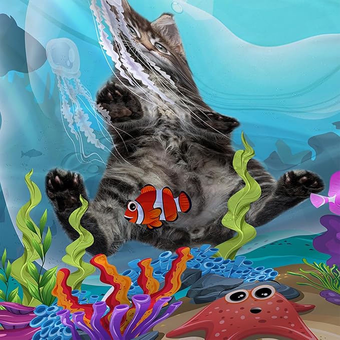 AILONEN Funny Cat Shower Curtain for Bathroom, Ocean Animal Print Shower Curtain, 60" W*72" H Waterproof Polyester Cat Lover Shower Curtain Decor Bathroom with Grommets and Hooks