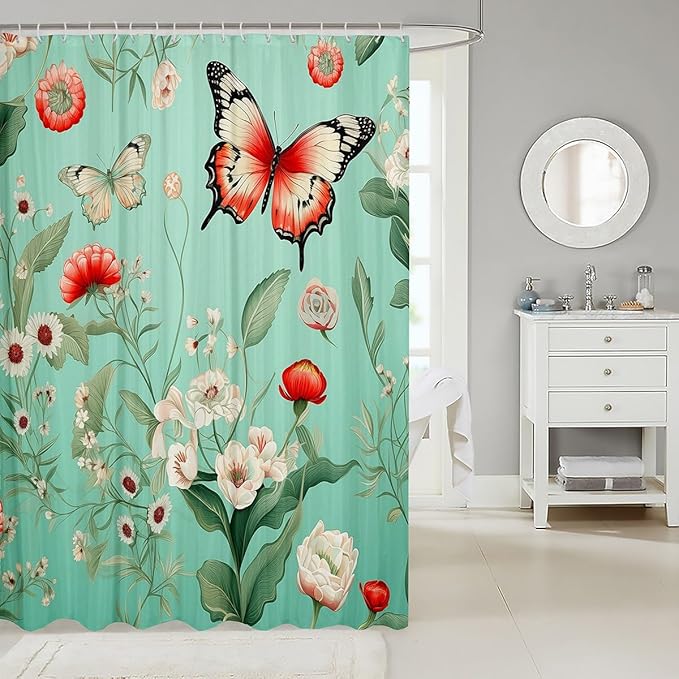 Feelyou Floral Flower Fabric Shower Curtain Red Butterfly Shower Curtain for Teens Green Bathroom Waterproof Accessories with 12 Hooks Flower Botanical Curtains,72x72 Inches