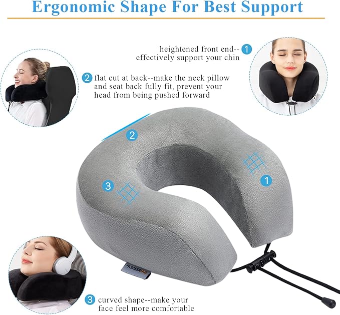 SAIREIDER Airplane Pillow 100% Memory Foam Neck Pillow for Airplanes Flight Rest Best Adjustable Travel Neck Support Pillows-Prevent The Heads from Falling Forward (Grey)