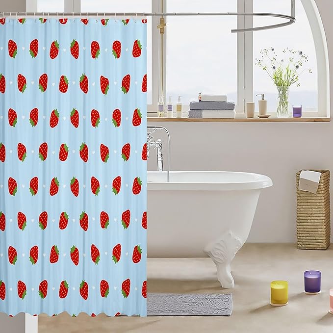 Feelyou Strawberry Fabric Shower Curtain Blue Shower Curtain for Kids Boys Girls Kawaii Fruit Bathroom Waterproof Accessories with 12 Hooks Cute Curtains,72x78 Inches