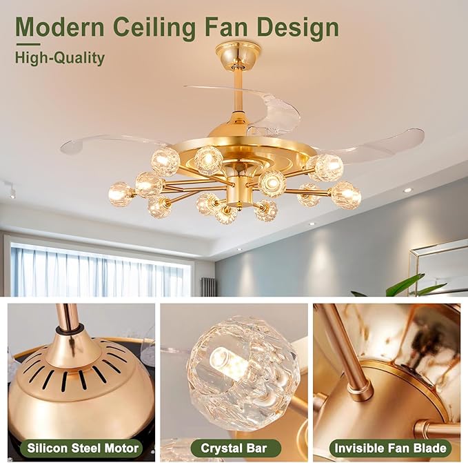 48" Chandelier Ceiling Fans with Lights: 15-Light Sputnik Crystal Ceiling Fan Chandelier - Modern Retractable Fandelier Ceiling Fan for Living Dining Room Bedroom - Gold Fandelier with Lights