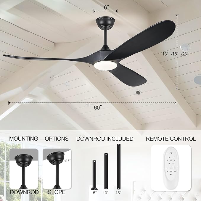 60" Ceiling Fans with Lights, 60 inch Ceiling Fan with Lights, High cfm Quiet 3 Blade Wood Walnut Ceiling Fan, Large Modern Ceiling Fan with Remote, Propeller Fans for Patios,Matte Black