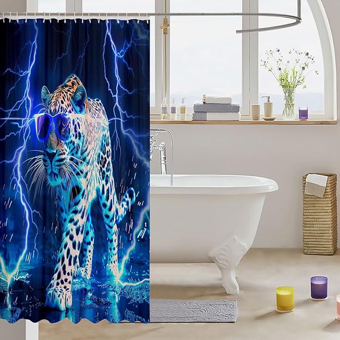 Feelyou Wild Animal Leopard Shower Curtain Leopard Bath Curtain Blue Leopard Bathroom Shower Curtain Set for Boys Girls Wild Leopard Kids Bathroom Accessories Wildlife 72"x78"