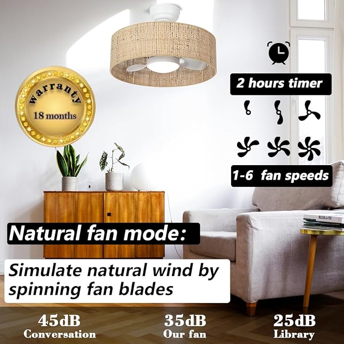Boho LED Reversible DC Dimmable Ceiling Fan with Light Fixture and Remote Control,Caged Round Cage 3 Blade Small Drum Fandelier for Bedroom Indoor Kitchen Nursery Office Dining Room