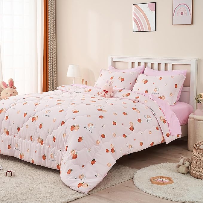 Wajade Girls Strawberry Comforter Set Bed in A Bag Twin Size 7 Piece Pink 3D Cute Strawberry Fruit Bedding Set for Kids (1 Comforter, 1 Flat Sheet, 1 Fitted Sheet, 2 Pillowcase and 2 Pillow Sham)