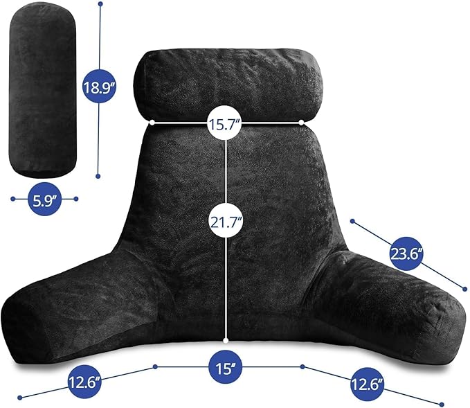 Sasttie Reading Pillow for Sitting in Bed Adult, Extra Large Back Pillow for Bed, Backrest Pillow with Detachable Head Support Cushion, College Dorm Essentials for Girls and Boys, Black