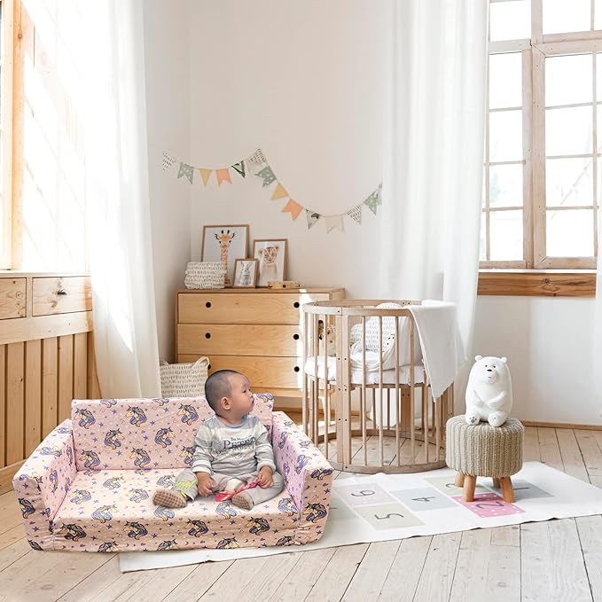 2 Seats Convertible Sofa, Extra Soft Polyester Kids Sofa with Folding Sleeper & Cute Dinosaur Print, Machine Washable, for Girls & Boys