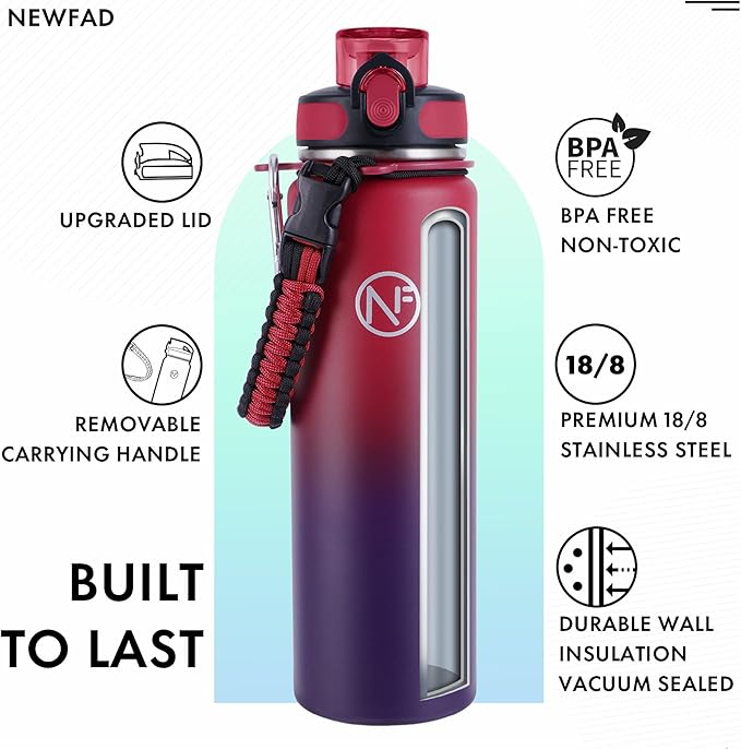 32 oz Insulated Water Bottle With Detachable Straw & Paracord Handle, Stainless Steel Thermos Water Bottle with Leakproof Lockable Lid, BPA-Free Sports Bottle (Rose Purple Gradient)