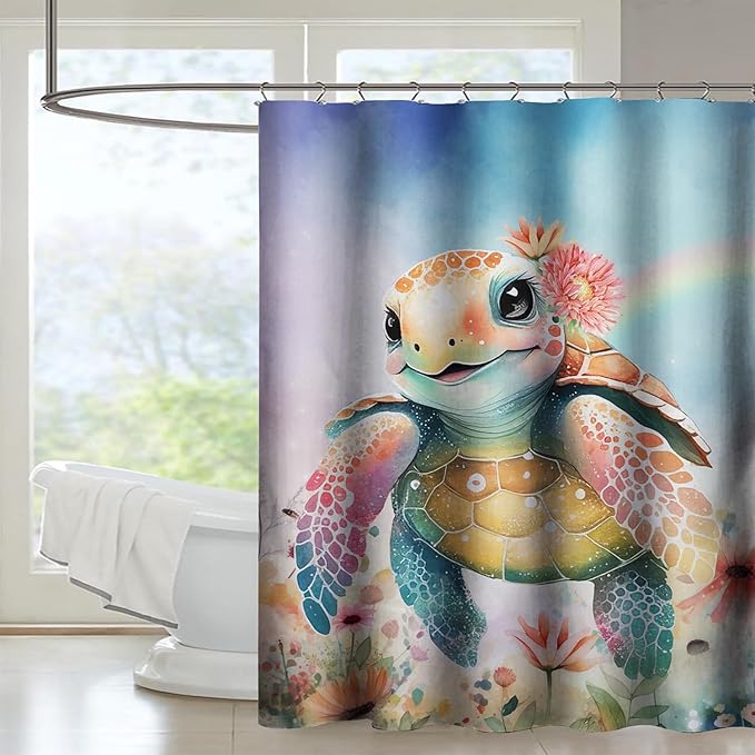 AILONEN Kawaii Sea Turtle Shower Curtain,Tie Die Ocean Animal Themed Bath Curtain Cloth Fabric Bathroom 36" W*72" H Inch,12 Pack Hooks for Kids Child Cute Watercolor Sea Animal Bathroom Curtain
