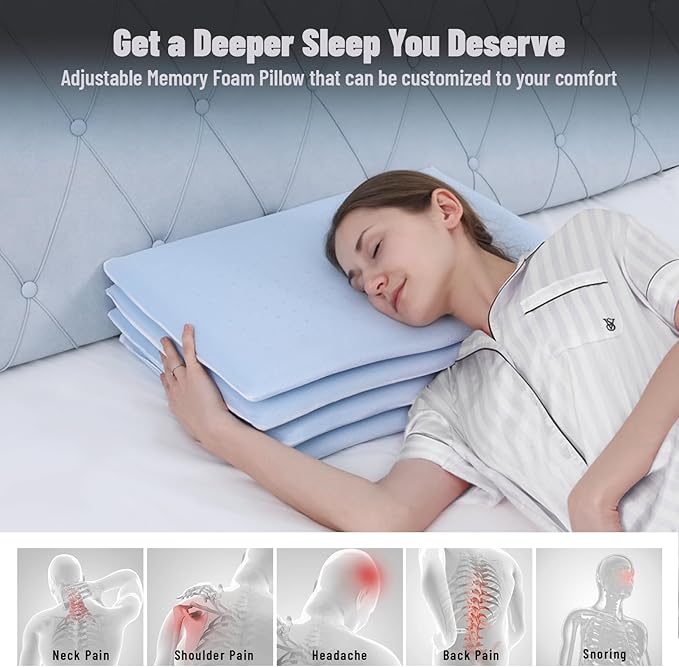Cervical Neck Thin Pillow Flat Firm Memory Foam Adjustable Pillows from 1.3 to 5.2inch for Stomach Side Back Sleeper with 2 Pillowcases (Blue-White+Basics)