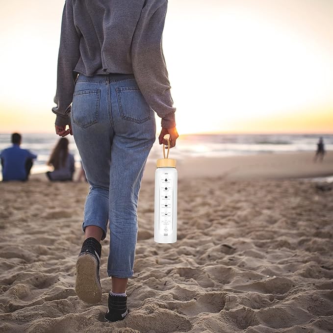 32 Oz Borosilicate Glass Water Bottle with Times to Drink | BPA Free - Reusable Wide Mouth Glass Motivational Water Bottles with Infuser & Silicone Sleeve (white)