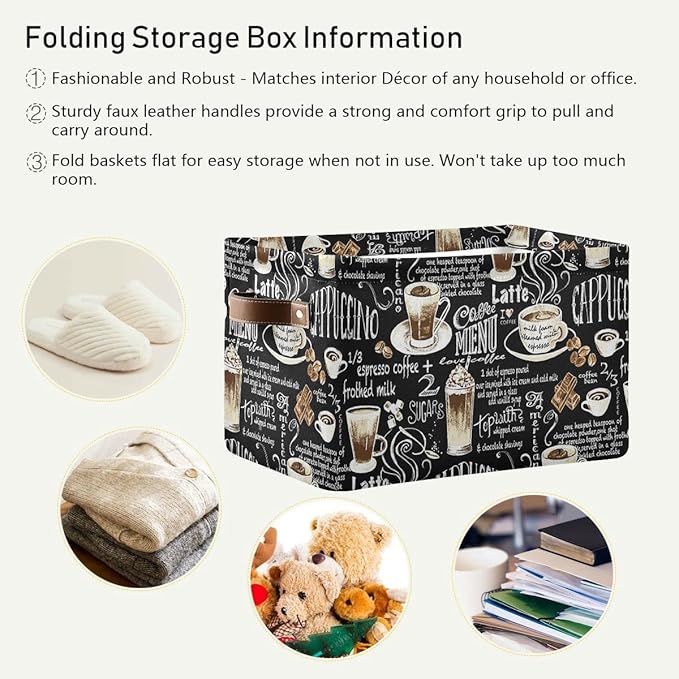 Wamika Black Coffee Beans Storage Basket Fabric Laundry Baskets Cappuccino Latte Chocolate Cocoa Storage Boxes Organizer Bag for Baby Cloth Dog Toy Book Storage Cubes Shelf Closet Bins 16x12x8 Inches