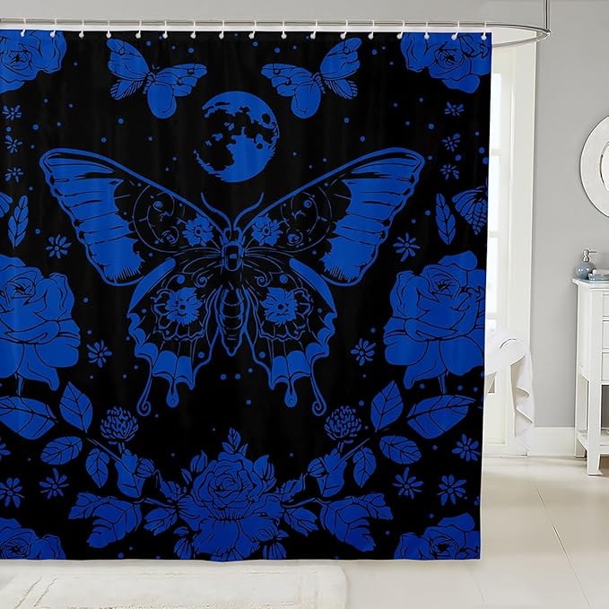 Feelyou Blue Butterfly Fabric Shower Curtain Cover Botanical Floral Shower Curtain for Kids Boys Girls Butterflies Bathroom Waterproof Accessories with 12 Hooks Flying Curtains,72x72 Inches
