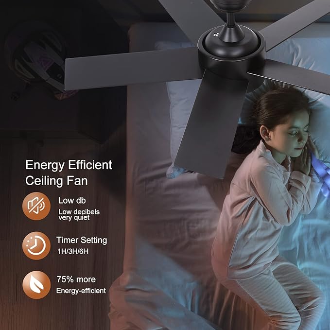 44 inch Black Ceiling Fan with Light Remote Control, LED Ceiling Fans with Lights, 3-Colors Temperatures Dimmable, Modern Ceiling Fan for Bedroom, Dining Room, Living Room