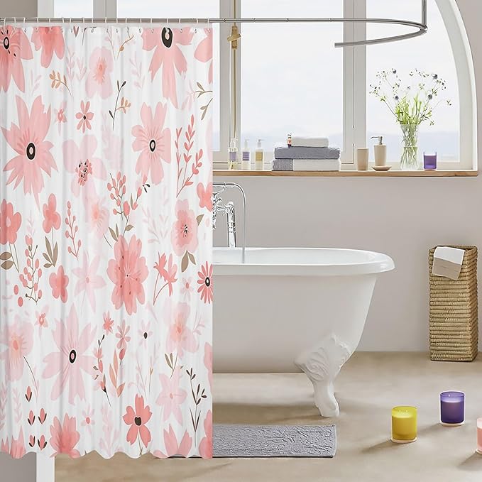 Feelyou Pink Flower Fabric Shower Curtain Floral Flower Shower Curtain for Boys Girls Flower Botanical Bathroom Waterproof Accessories with 12 Hooks Nature Plants Curtains,72x78 Inches
