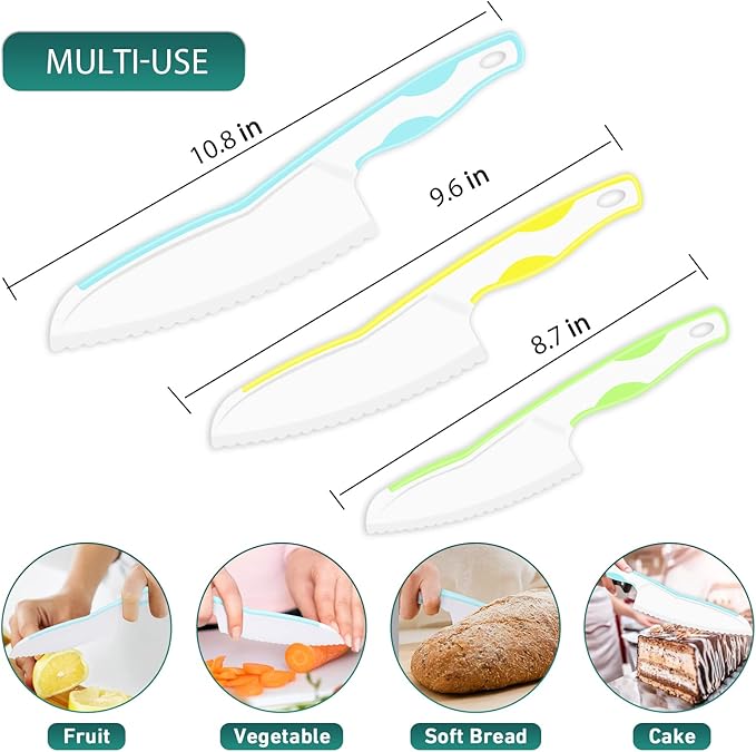 Kids Knife Set for Real Cooking, Premium 3-Piece Plastic Toddler Knife Set, Nylon Kitchen Kid Safe Knives for Cutting Fruits Veggies - Serrated Edges, 3 Sizes & Colors (Blue-Yellow-Green)