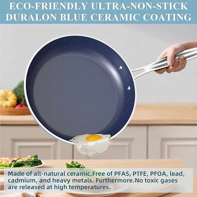 Nuwave Healthy Duralon Blue Ceramic Nonstick Cookware Set, Diamond Infused Scratch-Resistant, PFAS Free, Dishwasher & Oven Safe, Induction Ready & Evenly Heats, Tempered Glass Lids & Stay-Cool Handles
