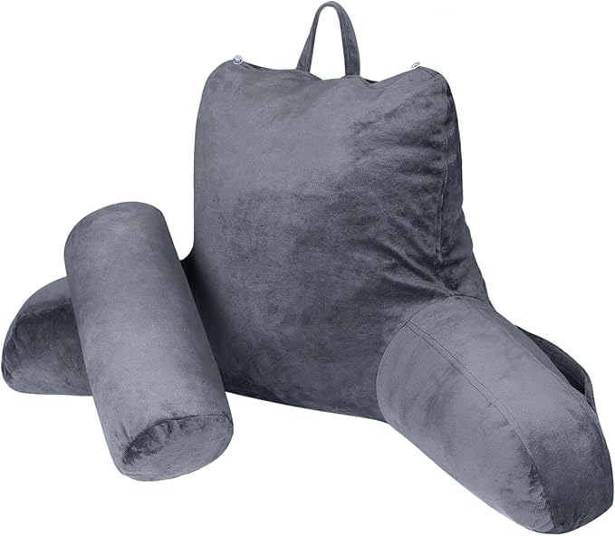 COOLBEBE Reading Pillow for Bed Backrest Pillow for Bed Sitting Up Adult with Arms Grey Back Support Pillow with Headrest & Pockets, Removable Washable Cover and Detachable Neck Roll(Large 27")