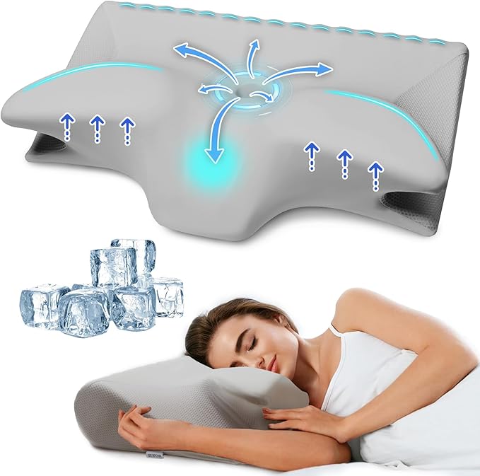 Cervical Pillow for Neck Pain Relief, Cooling Contour Memory Foam Pillows Support Odorless Ergonomic Neck Pillow Adjustable Orthopedic Bed Pillow for Side Back Stomach Sleeper with Pillowcase Grey