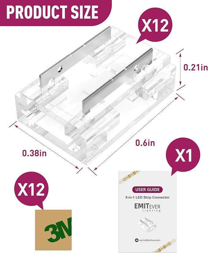EMITEVER 8-in-1 LED Strip Connectors 12pcs, 2 Pin 8mm COB Tape Lights Terminal Connectors 8 Types Solderless Transparent Connection for 5V 12V 24V（Straight, Corner, Strip to Strip, Strip to Wire）