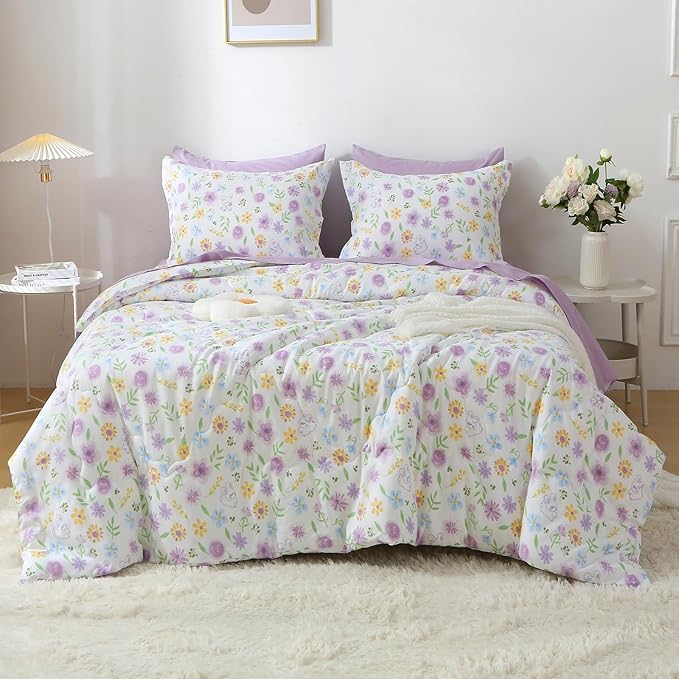 Wajade Floral Comforter Set Bed in A Bag Queen Size 7 Piece Purple Flower Green Leaves Rabbits Bedding Set for Girls (1 Comforter, 1 Flat Sheet, 1 Fitted Sheet, 2 Pillowcase and 2 Pillow Sham)