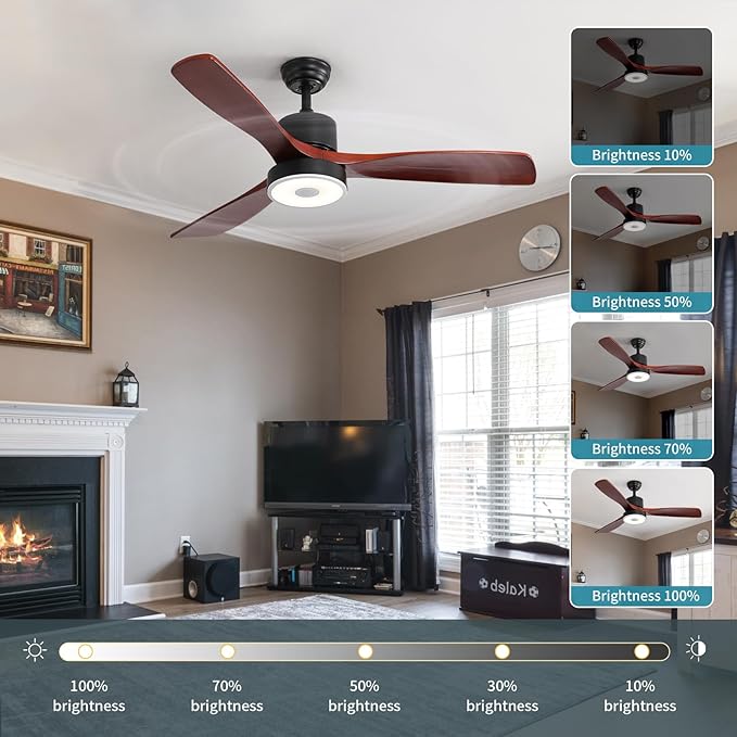 52 Inch Wood Ceiling Fan with RGB Dimming LED Light,with Music Bluetooth Speaker,Remote Control,3-Speed Regulation, Reversible Motor,Timing,for Living Room,Bedroom,Restaurant,Outdoor