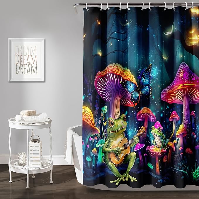 AILONEN Cartoon Frog Shower Curtain,Guitar Frog Fabric Shower Curtains for Bathroom,Magic Mushroom Weighted Polyester Cloth Bath Curtain Set,Mysterious Butterfly Bathroom Curtain,72" W*72" H