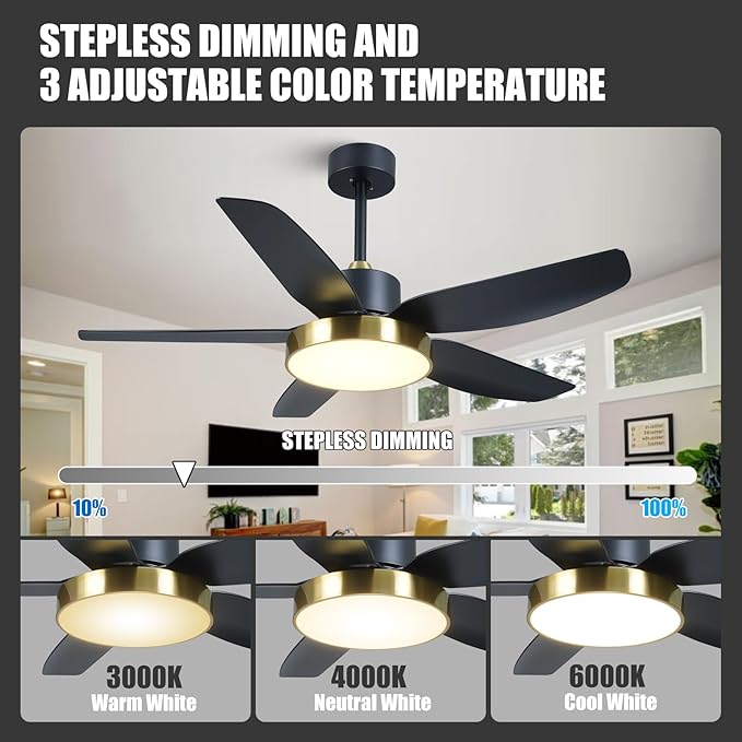 Modern Ceiling Fan with Light and Remote Control,46''Ceiling Fan with 3 Color Lights,Memory Function,5 Blades,6 Speeds,Outdoor Fan and Light for Living Room,Bedroom,Kitchen,Black Gold