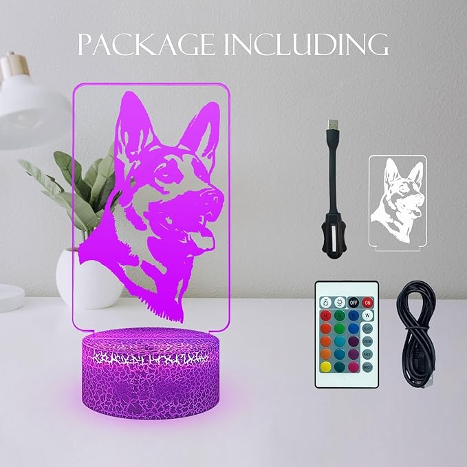3D Visual Anime German shepherd Cute Dog Doggy Puppy Night Light 16 Color Change USB Charge Base Remote Control Dimming Flash Smooth Mode Desk Lamp Animal Cosplay Party Boy Gift Decoration