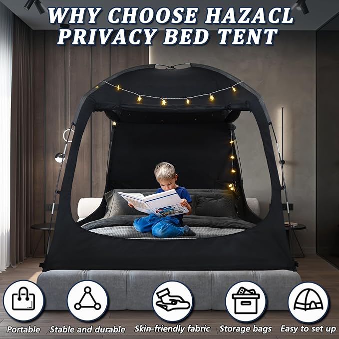 Bed Tent Twin Full Queen King Size Canopy Tent for Kids and Adult - 80% Blackout Indoor Sleeping Tents with Star String Lights, Big Space Breathable Dome Tent Playhouse for Boys & Girls