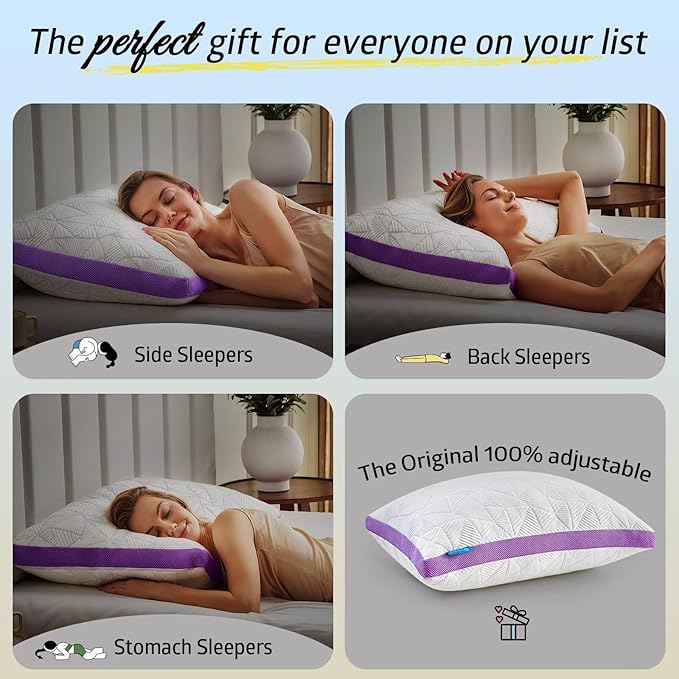 BETU Cooling Pillow Queen Size, Shredded Memory Foam Cool Pillow for Hot Sleepers, Adjustable Firm Soft Support Bed Pillows Perfect for Back Neck Pain and Side Sleeping with Pillow Case Cover, Purple