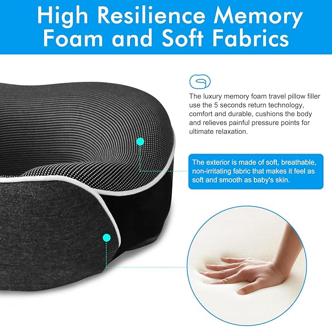 Travel Pillow,Upgraded 100% Memory Foam Neck Pillow for Traveling,Ergonomic Design Soft Best Flight Pillow,Neck Pillow Airplane Kit with 3D Contoured Eye Masks,Earplugs and Luxury Bag (Dark Gray)