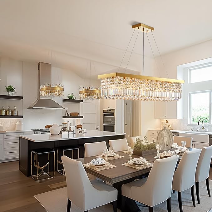 Siljoy Rectangular Gold Crystal Chandelier 8 Lights Modern Rectangle Raindrop Pendant Ceiling Light Fixture for Living Dining Room Kitchen Island Bar L40'' x W10'' x H10''
