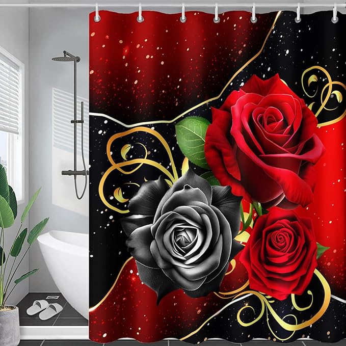 AILONEN Romantic Red Rose Flower Shower Curtain,Red and Black Floral Bath Curtain,Modern Flower Waterproof Curtain for Bathroom Decor, 72" W x 72" H