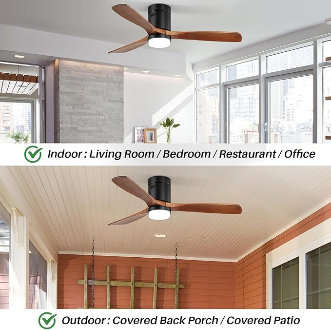 Sofucor 52 inch Ceiling Fan with Lights and Remote Control, Flush Mount Wood Ceiling Fan with Quiet Energy Saving DC Motor, for Living Room, Bedroom and Covered Outdoor