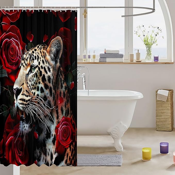 Feelyou Rose Leopard Bath Curtain Leopard Shower Curtain Boys Leopard Bathroom Shower Curtain Set Kids Toddler Frighting Leopard Kids Bathroom Accessories Wild Animal 72"x72"