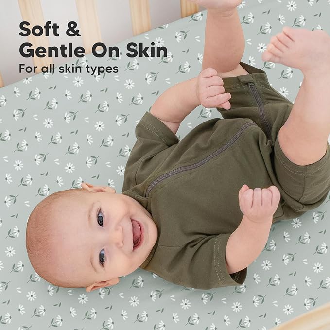 2-Pack Organic Crib Sheets for Boys, Girls - Jersey Fitted Crib Sheet, Baby Crib Sheets Neutral, Crib Mattress Sheet, Cotton Crib Sheets, Breathable Crib Sheet, Baby Mattress Sheets(Daisies)