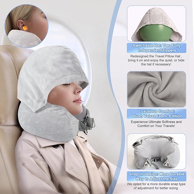 DreamShore Stuffable Neck Pillow for Travel with Hood - Adjustable Velvet Travel Pillow with Earplugs & Eye Mask, Ultimate Carry-On Travel Neck Pillow for Airplane, Travel Pillow for Extra Luggage