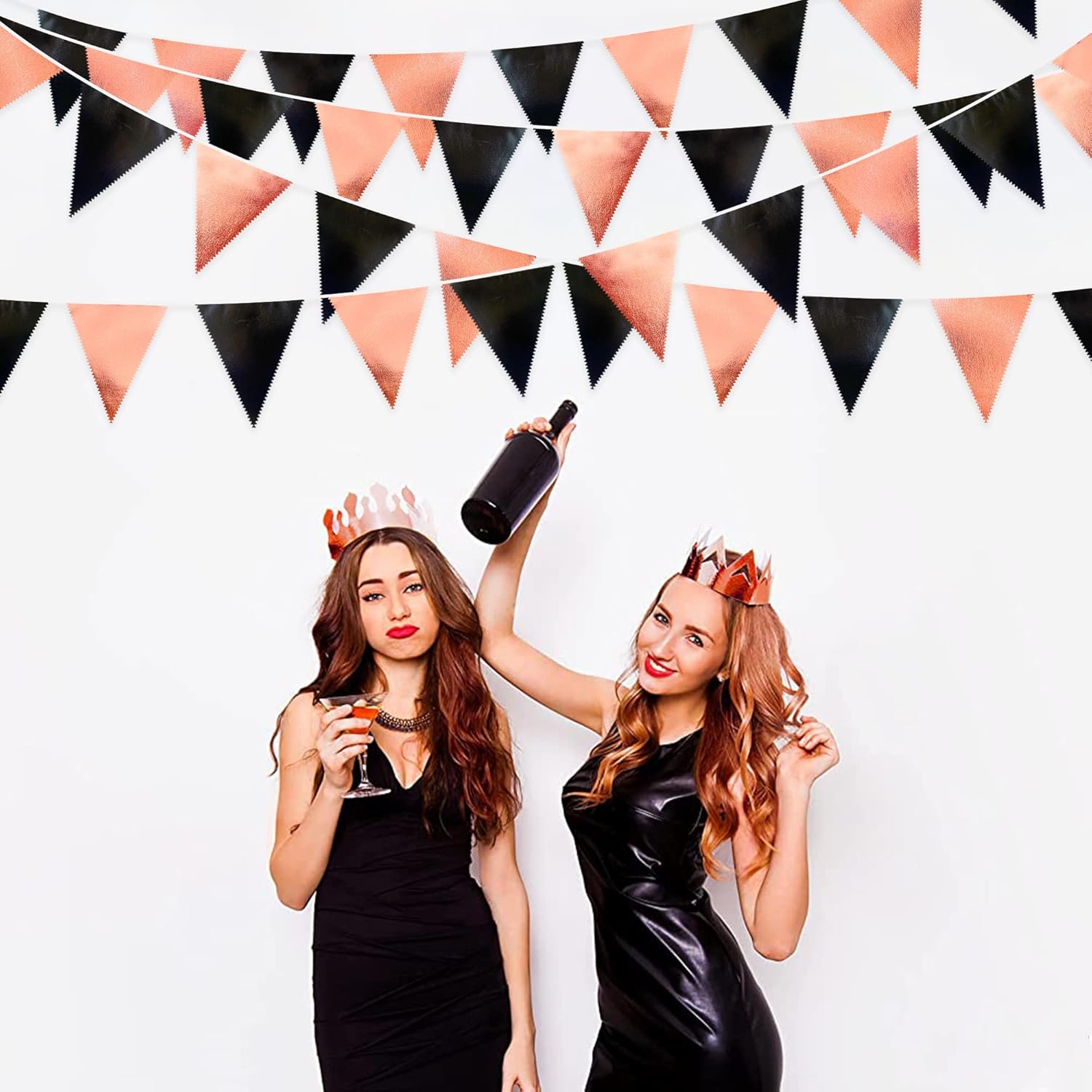 Black Rose Gold Party Decorations Triangle Pennant Banner Flag Rose Gold Black Metallic Fabric Bunting Garland for Graduation Birthday Wedding Engagement Bachelorette Celebration Hen Party Supplies
