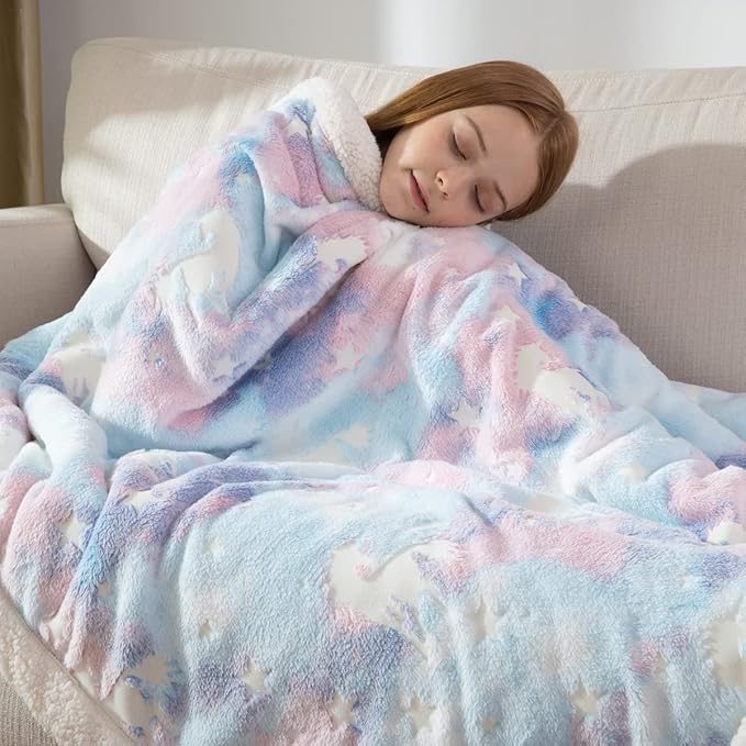 COSUSKET Glow in The Dark Blanket for Kids, Unicorn Luminous Birthday Super Soft Fuzzy Plush Sherpa Furry Fleece Colorful Throw Blanket 50"x60" Boys Girls Gifts