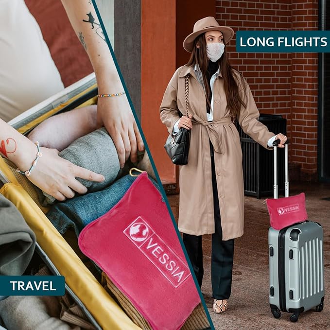 Vessia Travel Blanket for Airplane, Train and Car, Warm and Soft Travel Blanket and Pillow 2 in 1 for Adults and Kids, Portable Compact Long Flight Blanket with Luggage Sleeve, Backpack Clip(Hot Pink)