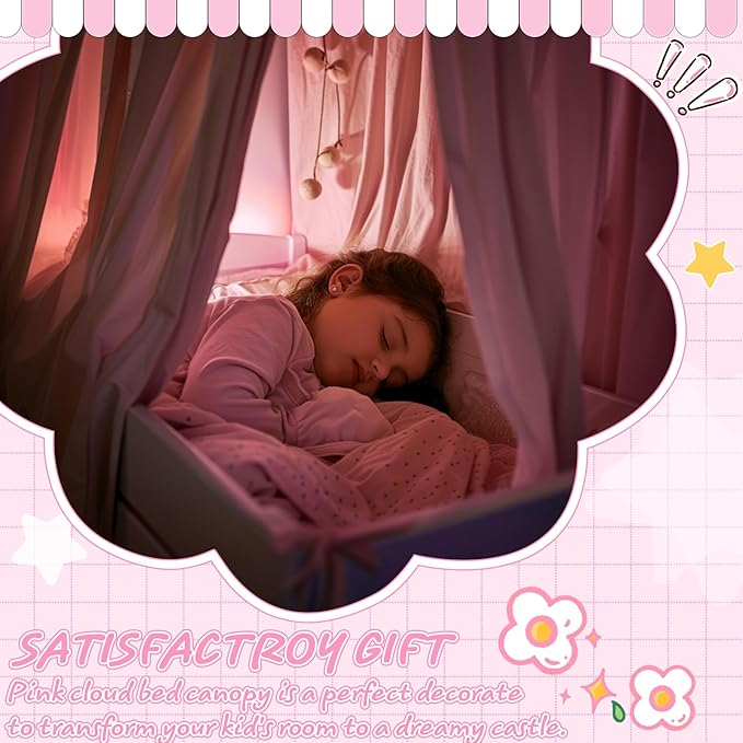 Hvqic Pink Canopy Bed Curtains - 4 Corner Post Bed Curtains Lightproof Princess Bed Canopy for Girls Rainbow Canopy Bed Curtains for Kids Room Decor(Twin,Pink-Cloud)