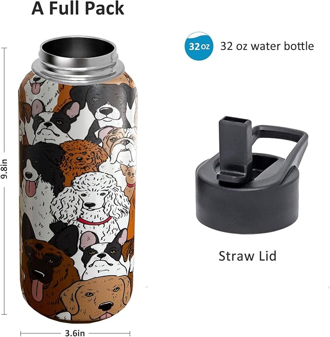 32 oz Dog Water Bottle Insulated Vacuum Stainless Steel Sports Water Bottle with 2 Lids (Straw and Spout Lid) for Gym Camping Hiking