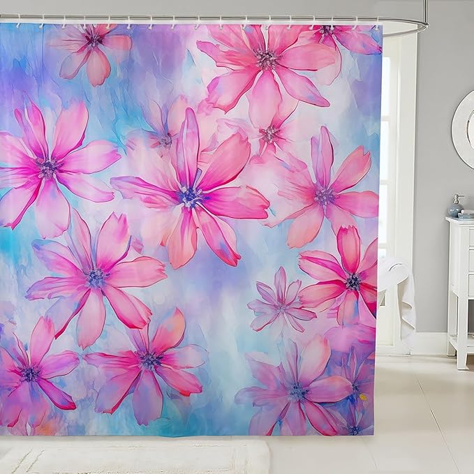 Feelyou Daisy Fabric Shower Curtain for Kids Boys Girls Pink Flower Bathroom Waterproof Accessories with 12 Hooks Floral Shower Curtain Wildflower Botanical Curtains,72x72 Inches