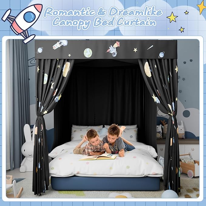 Hvqic Black Canopy Bed Curtains - 4 Corner Post Bed Curtains King Bed Curtains Lightproof Drapes Bed Canopy for Adults & Girls Bedroom Decoration(King,Black-Planet)