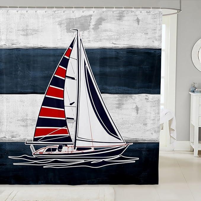 Feelyou Sailboat Bathroom Waterproof Accessories with 12 Hooks Nautical Decor Fabric Shower Curtain for Kids Boys Girls Sea Adventure Shower Curtain Ocean Themed Curtains,72x78 Inches